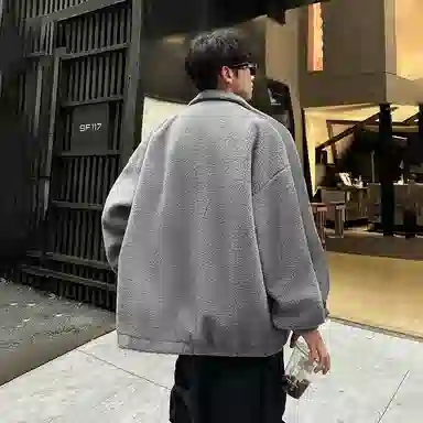 冰飞 美式复古嘻哈街头字母胶标图案基础款纯色拼接羊羔毛宽松休闲柔软亲肤舒适加厚保暖御寒时高级感痞帅拉链翻领棉服 男女同款