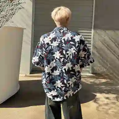 冰飞 日系复古花卉夏威夷轻薄宽松翻领短袖衬衫 男女同款