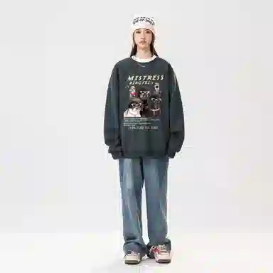 冰飞 美式高街复古学院风创意趣味搞怪风可爱狗狗图案字母印花宽松休闲舒适圆领落肩套头上衣服无性别主义重磅长袖卫衣 男女同款