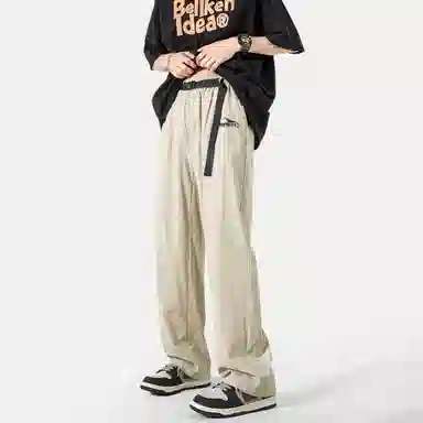 冰飞 美式复古无性别主义风个性手绘创意几何图案字母印花裤腰带宽松百搭显瘦简约冰丝空调裤基础款凉感休闲裤 男女同款