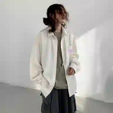 冰飞 美式复古高街时尚个性创意蜡笔手绘字母图案印花宽松休闲翻领长袖衬衣服嘻哈街头无性别主义白色衬衫 男女同款