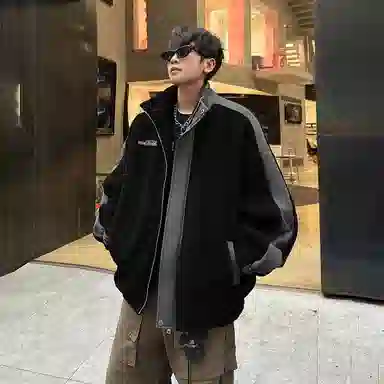 冰飞 美式复古嘻哈街头字母胶标图案基础款纯色拼接羊羔毛宽松休闲柔软亲肤舒适加厚保暖御寒时高级感痞帅拉链翻领棉服 男女同款