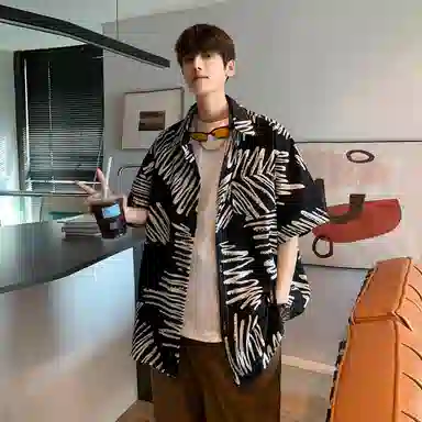 冰飞 美式复古时尚个性冰丝凉感亲肤透气夏威夷风沙滩半袖衬衣服潮牌潮流短袖条纹花衬衫 男女同款