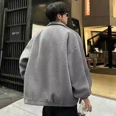 冰飞 美式复古学院风字母胶标图案基础款纯色拼接羊羔毛宽松休闲柔软亲肤舒适加厚保暖御寒潮牌百搭痞帅拉链翻领绒感棉服 男女同款