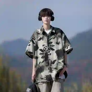 冰飞 美式学院风经典休闲潮流时尚百搭宽松翻领短袖衬衫 男女同款