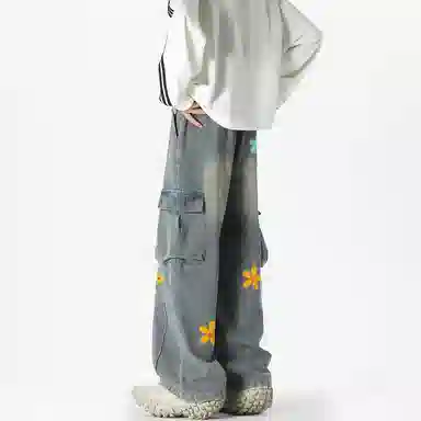 冰飞 美式印花涂鸦线条工装裤大口袋个性设计手绘字母休闲时尚潮流百搭显瘦宽松拖地裤牛仔裤 男女同款