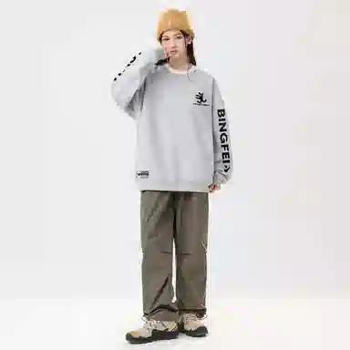 冰飞 美式复古高街创意趣味卡通动漫图案双臂字母印花宽松休闲舒适圆领套头秋衣服嘻哈街头学院风时尚重磅长袖卫衣 男女同款