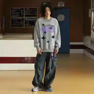 冰飞 美式复古创意趣味幻影星星字母图案印花宽松休闲圆领套头落肩内搭学院风百搭重磅卫衣 男女同款