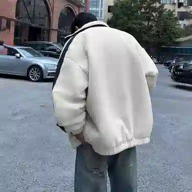 冰飞 美式复古嘻哈街头字母胶标图案基础款纯色拼接羊羔毛宽松休闲柔软亲肤舒适加厚保暖御寒时高级感痞帅拉链翻领棉服 男女同款