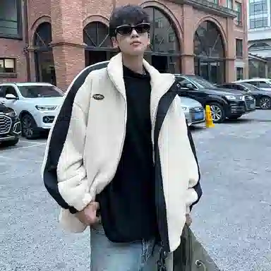 冰飞 美式复古学院风字母胶标图案基础款纯色拼接羊羔毛宽松休闲柔软亲肤舒适加厚保暖御寒潮牌百搭痞帅拉链翻领绒感棉服 男女同款