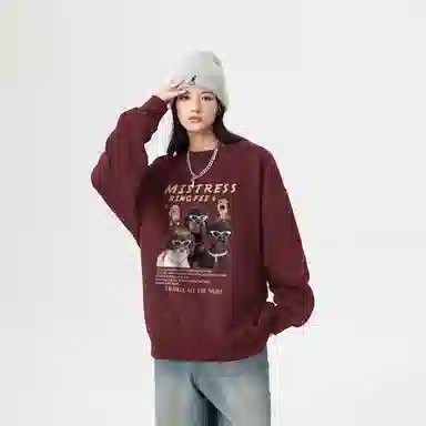 冰飞 美式高街复古学院风创意趣味搞怪风可爱狗狗图案字母印花宽松休闲舒适圆领落肩套头上衣服无性别主义重磅长袖卫衣 男女同款