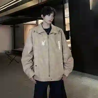 冰飞 美式复古解构学院风翻领防水防风后背双拉链设计潮牌痞帅时尚机车服宽松外套户外嘻哈街头皮衣 男女同款