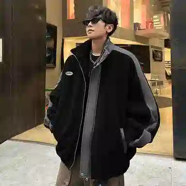 冰飞 美式复古学院风字母胶标图案基础款纯色拼接羊羔毛宽松休闲柔软亲肤舒适加厚保暖御寒潮牌百搭痞帅拉链翻领绒感棉服 男女同款