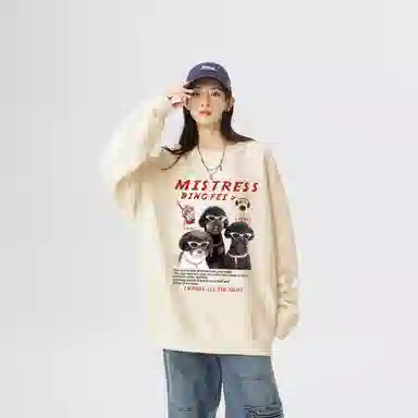 冰飞 美式高街复古学院风创意趣味搞怪风可爱狗狗图案字母印花宽松休闲舒适圆领落肩套头上衣服无性别主义重磅长袖卫衣 男女同款