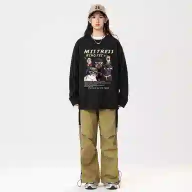 冰飞 美式高街复古学院风创意趣味搞怪风可爱狗狗图案字母印花宽松休闲舒适圆领落肩套头上衣服无性别主义重磅长袖卫衣 男女同款