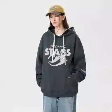 冰飞 美式复古学院风趣味星星字母图案印花宽松休闲落肩套头潮牌痞帅设计高级感小众硬挺重磅加绒加厚连帽卫衣 男女同款