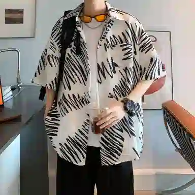 冰飞 美式复古时尚个性冰丝凉感亲肤透气夏威夷风沙滩半袖衬衣服潮牌潮流短袖条纹花衬衫 男女同款