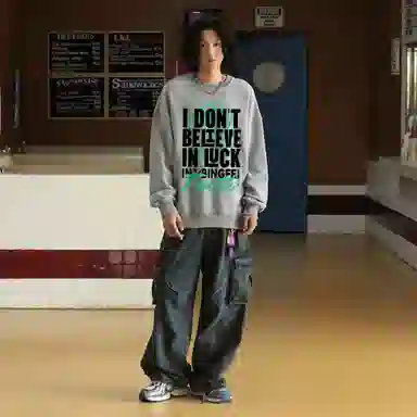 冰飞 美式高街潮酷嘻哈街头风圆领落肩袖打底字母印花设计无性别主义休闲宽松透气百搭长袖卫衣 通用