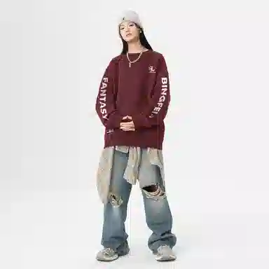 冰飞 美式复古高街创意趣味卡通动漫图案双臂字母印花宽松休闲舒适圆领套头秋衣服嘻哈街头学院风时尚重磅长袖卫衣 男女同款