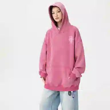 冰飞 美式复古潮流创意手绘废土风十字架图案字母印花宽松休闲舒适水洗做旧工艺上衣服嘻哈街头潮牌潮流百搭重磅长袖连帽卫衣 男女同款