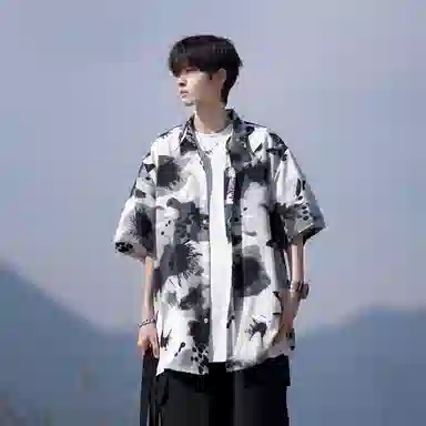 冰飞 美式学院风经典休闲潮流时尚百搭宽松翻领短袖衬衫 男女同款