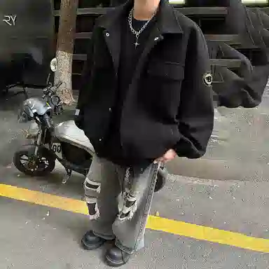 冰飞 美式复古嘻哈街头字母立体字母胶标图案基础款纯色宽松休闲时尚百搭痞帅夹棉加厚保暖单排扣翻领毛呢夹克外套 男女同款