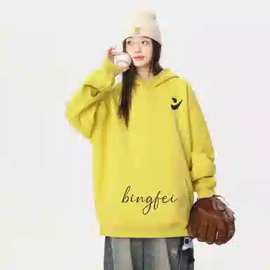 冰飞 美式复古高级感简约基础款创意手绘字母图案发泡印花高街潮牌外套学院风小众设计感高克重磅连帽卫衣 男女同款