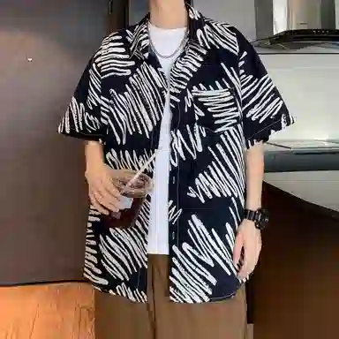 冰飞 美式复古时尚个性冰丝凉感亲肤透气夏威夷风沙滩半袖衬衣服潮牌潮流短袖条纹花衬衫 男女同款