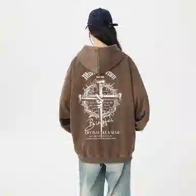 冰飞 美式复古潮流创意手绘废土风十字架图案字母印花宽松休闲舒适水洗做旧工艺上衣服嘻哈街头潮牌潮流百搭重磅长袖连帽卫衣 男女同款