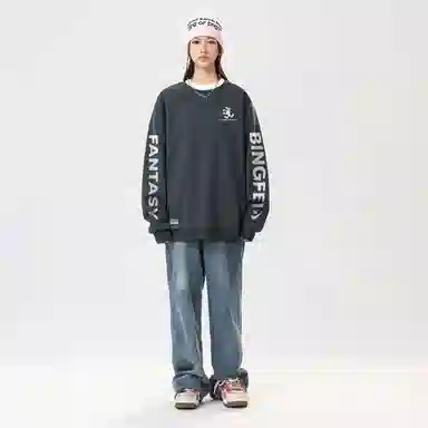 冰飞 美式复古高街创意趣味卡通动漫图案双臂字母印花宽松休闲舒适圆领套头秋衣服嘻哈街头学院风时尚重磅长袖卫衣 男女同款