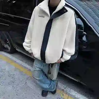 冰飞 美式复古嘻哈街头字母胶标图案基础款纯色拼接羊羔毛宽松休闲柔软亲肤舒适加厚保暖御寒时高级感痞帅拉链翻领棉服 男女同款