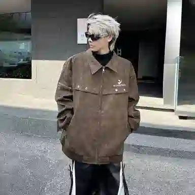 冰飞 美式机车服春秋纽扣装饰宽松痞帅无性别主义时尚户外机能皮衣 男女同款