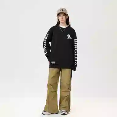 冰飞 美式复古高街创意趣味卡通动漫图案双臂字母印花宽松休闲舒适圆领套头秋衣服嘻哈街头学院风时尚重磅长袖卫衣 男女同款