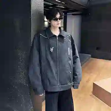 冰飞 美式复古解构学院风翻领防水防风后背双拉链设计潮牌痞帅时尚机车服宽松外套户外嘻哈街头皮衣 男女同款