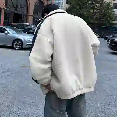 冰飞 美式复古学院风字母胶标图案基础款纯色拼接羊羔毛宽松休闲柔软亲肤舒适加厚保暖御寒潮牌百搭痞帅拉链翻领绒感棉服 男女同款
