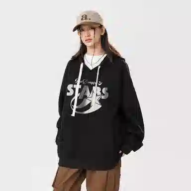 冰飞 美式复古学院风趣味星星字母图案印花宽松休闲落肩套头潮牌痞帅设计高级感小众硬挺重磅加绒加厚连帽卫衣 男女同款