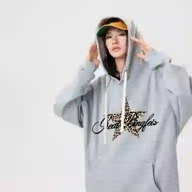 冰飞 美式时尚小众设计感百搭连帽慵懒风豹纹星星印花御寒保暖加绒加厚套头重磅上衣卫衣 男女同款