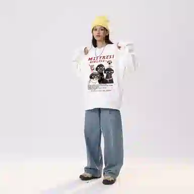 冰飞 美式高街复古学院风创意趣味搞怪风可爱狗狗图案字母印花宽松休闲舒适圆领落肩套头上衣服无性别主义重磅长袖卫衣 男女同款