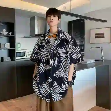 冰飞 美式复古时尚个性冰丝凉感亲肤透气夏威夷风沙滩半袖衬衣服潮牌潮流短袖条纹花衬衫 男女同款