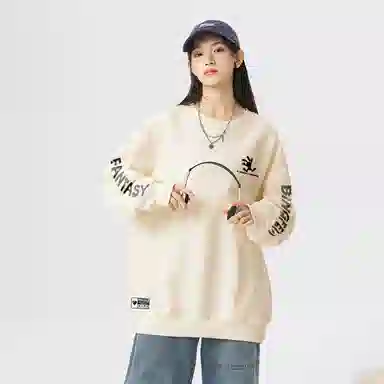 冰飞 美式复古高街创意趣味卡通动漫图案双臂字母印花宽松休闲舒适圆领套头秋衣服嘻哈街头学院风时尚重磅长袖卫衣 男女同款