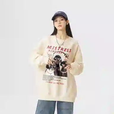冰飞 美式高街复古学院风创意趣味搞怪风可爱狗狗图案字母印花宽松休闲舒适圆领落肩套头上衣服无性别主义重磅长袖卫衣 男女同款