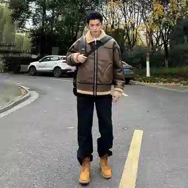 冰飞 韩系加厚加绒美式机车服高街学院风设计感撞色宽松潮牌无性别户外休闲百搭保暖纯色翻领棉服 男女同款