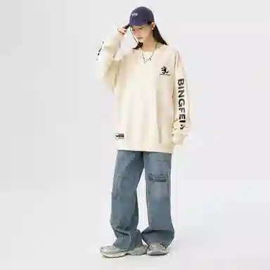 冰飞 美式复古高街创意趣味卡通动漫图案双臂字母印花宽松休闲舒适圆领套头秋衣服嘻哈街头学院风时尚重磅长袖卫衣 男女同款