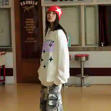 冰飞 美式复古创意趣味幻影星星字母图案印花宽松休闲圆领套头落肩内搭学院风百搭重磅卫衣 男女同款