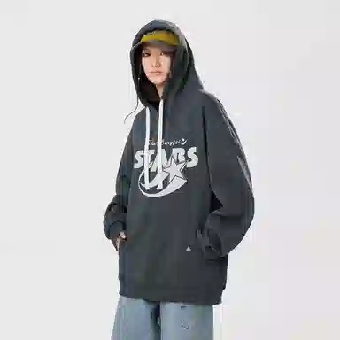 冰飞 美式复古学院风趣味星星字母图案印花宽松休闲落肩套头潮牌痞帅设计高级感小众硬挺重磅加绒加厚连帽卫衣 男女同款