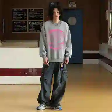 冰飞 美式复古高街创意趣味涂鸦卡通人物字母图案印花宽松舒适圆领套头落肩重磅卫衣 男女同款