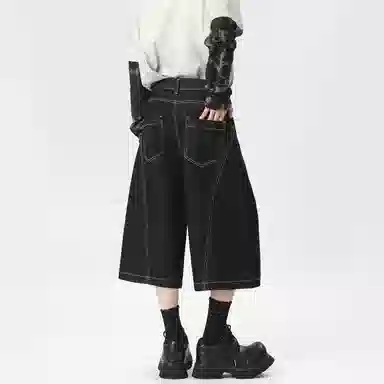 冰飞 美式复古高级感解构线条拼接简约基础款宽松休闲舒适七分潮牌潮流高街小众牛仔短裤 男女同款 原牛黑