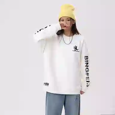 冰飞 美式复古高街创意趣味卡通动漫图案双臂字母印花宽松休闲舒适圆领套头秋衣服嘻哈街头学院风时尚重磅长袖卫衣 男女同款