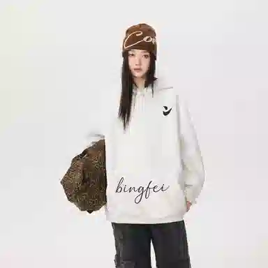 冰飞 美式复古高级感简约基础款创意手绘字母图案发泡印花高街潮牌外套学院风小众设计感高克重磅连帽卫衣 男女同款