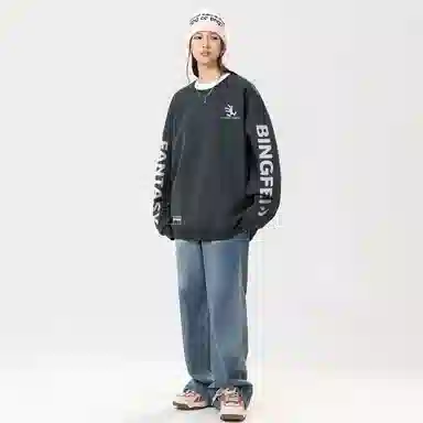 冰飞 美式复古高街创意趣味卡通动漫图案双臂字母印花宽松休闲舒适圆领套头秋衣服嘻哈街头学院风时尚重磅长袖卫衣 男女同款